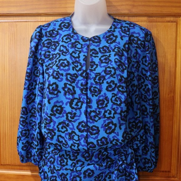 Vintage Royal Blue Black Floral Print Long Sleeve Knee Length Dress 1980s USA - Picture 2 of 15